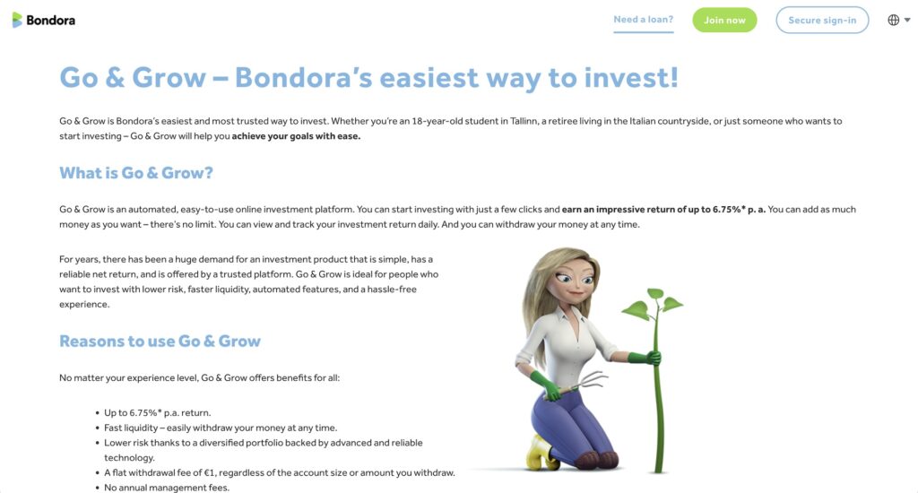 Bondora Go & Grow home page